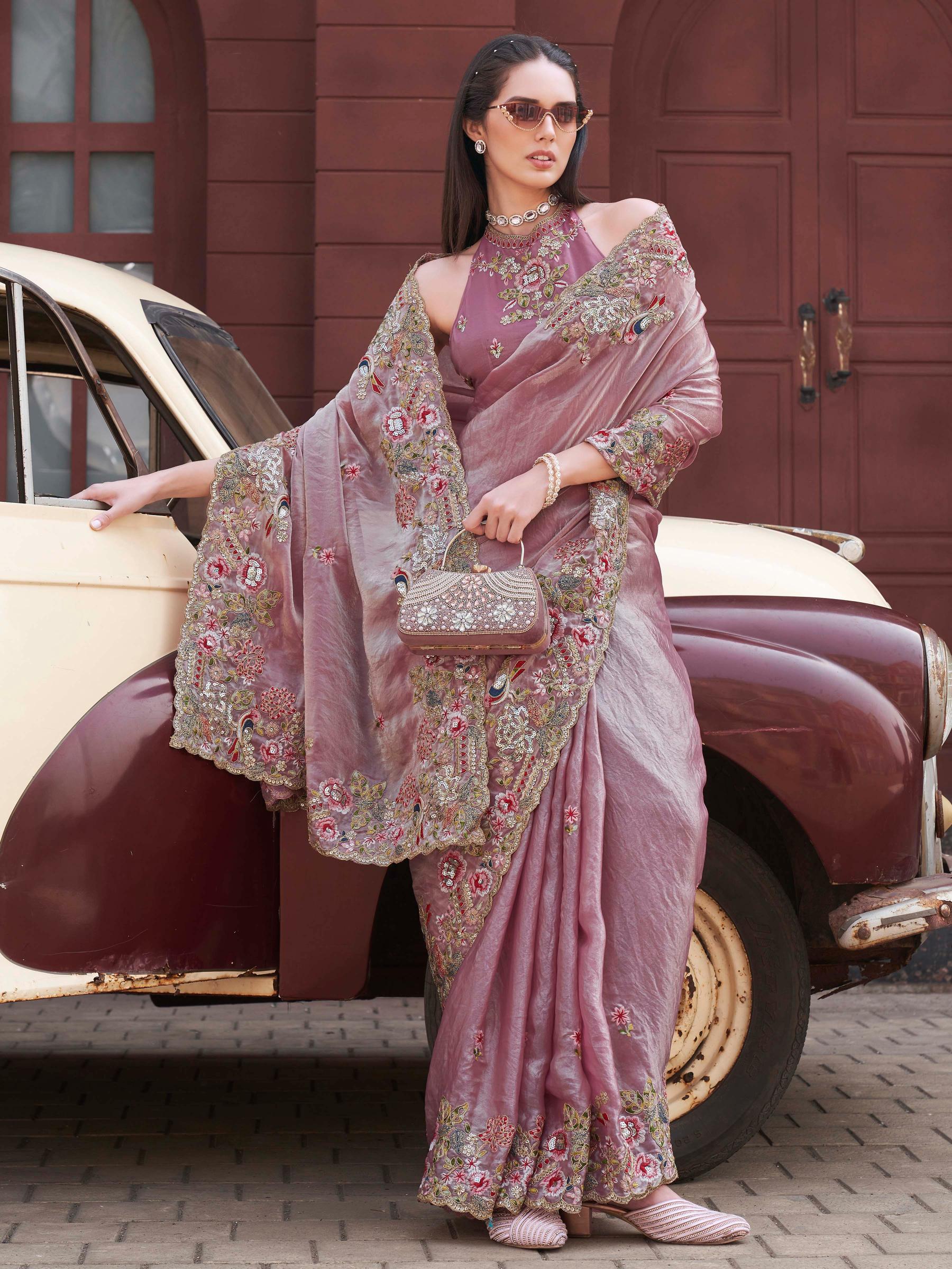 Two tone pink and gold colored jimmy choo saree with sequinned embroidery border